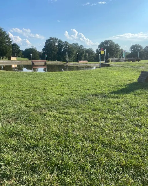 Grassy field with a water jump obstacle featuring numbered flag markers and wooden elements, trees and pond reflecting sky